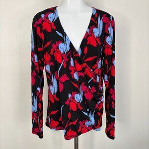 Halogen Top Large Black Floral Wrap-Front Long Sleeve Stretch Jersey Blouse